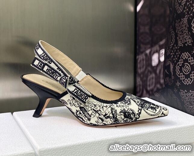 Good Product Dior J'Adior Slingback Pumps 6.5cm in White and Black Cotton Embroidered with Plan de Paris Motif 605029