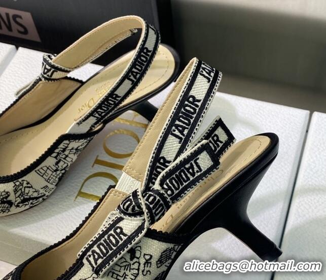 Good Product Dior J'Adior Slingback Pumps 6.5cm in White and Black Cotton Embroidered with Plan de Paris Motif 605029