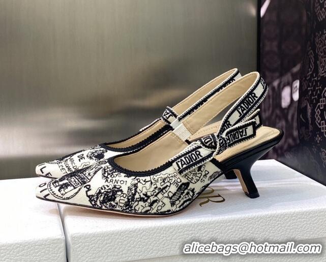 Good Product Dior J'Adior Slingback Pumps 6.5cm in White and Black Cotton Embroidered with Plan de Paris Motif 605029