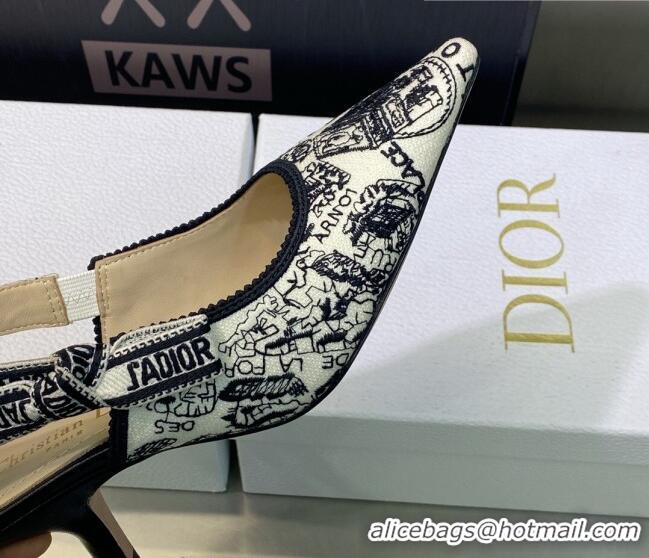 Good Product Dior J'Adior Slingback Pumps 6.5cm in White and Black Cotton Embroidered with Plan de Paris Motif 605029