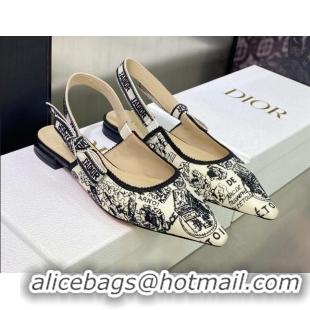 Good Looking Dior J'Adior Slingback Ballerina Flat in White and Black Cotton Embroidered with Plan de Paris Motif 605030