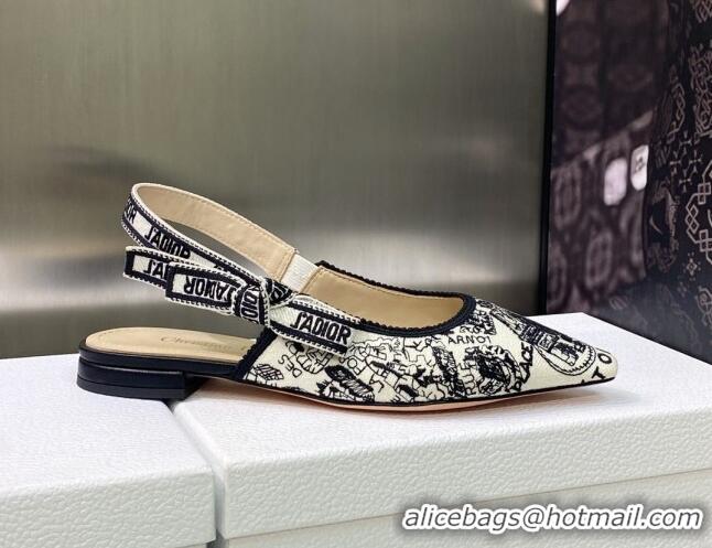 Good Looking Dior J'Adior Slingback Ballerina Flat in White and Black Cotton Embroidered with Plan de Paris Motif 605030