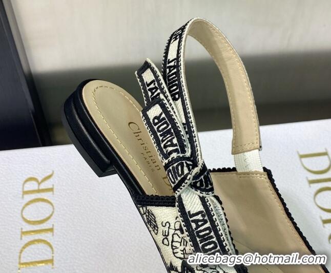 Good Looking Dior J'Adior Slingback Ballerina Flat in White and Black Cotton Embroidered with Plan de Paris Motif 605030