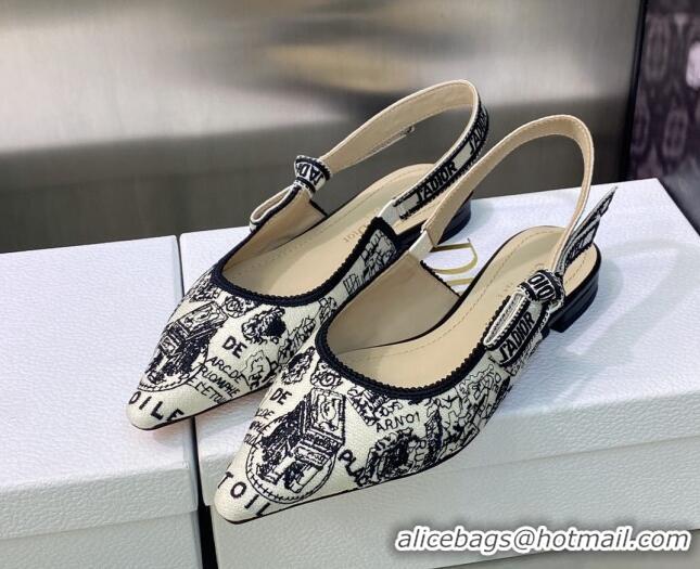 Good Looking Dior J'Adior Slingback Ballerina Flat in White and Black Cotton Embroidered with Plan de Paris Motif 605030