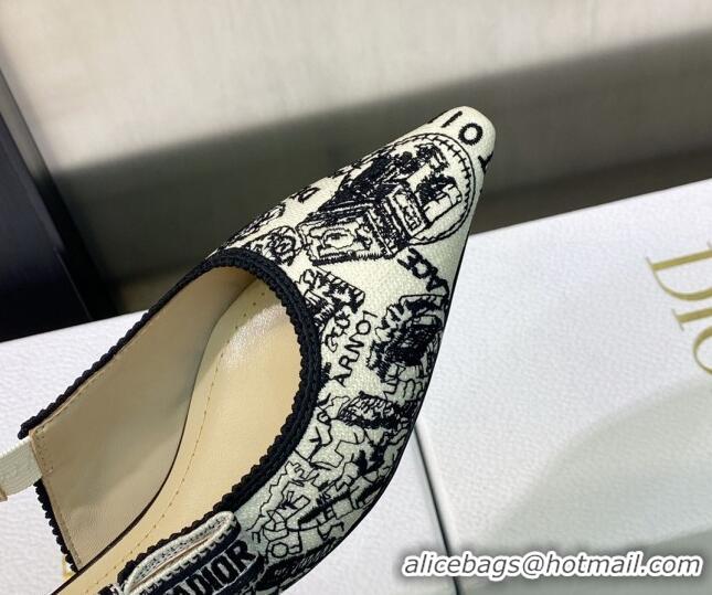 Good Looking Dior J'Adior Slingback Ballerina Flat in White and Black Cotton Embroidered with Plan de Paris Motif 605030