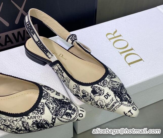 Good Looking Dior J'Adior Slingback Ballerina Flat in White and Black Cotton Embroidered with Plan de Paris Motif 605030