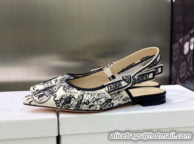 Good Looking Dior J'Adior Slingback Ballerina Flat in White and Black Cotton Embroidered with Plan de Paris Motif 605030