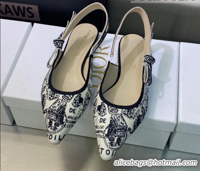 Good Looking Dior J'Adior Slingback Ballerina Flat in White and Black Cotton Embroidered with Plan de Paris Motif 605030