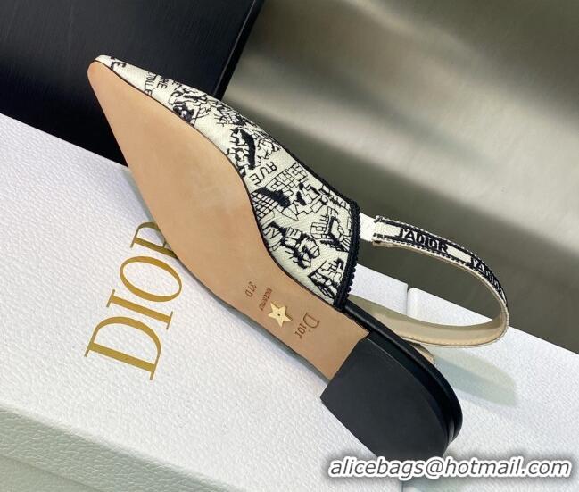 Good Looking Dior J'Adior Slingback Ballerina Flat in White and Black Cotton Embroidered with Plan de Paris Motif 605030