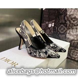 Luxury Dior J'Adior Slingback Pumps 9.5cm in Black and White Cotton Embroidered with Plan de Paris Motif 605031