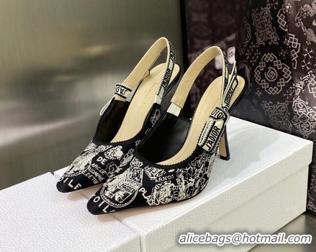 Luxury Dior J'Adior Slingback Pumps 9.5cm in Black and White Cotton Embroidered with Plan de Paris Motif 605031