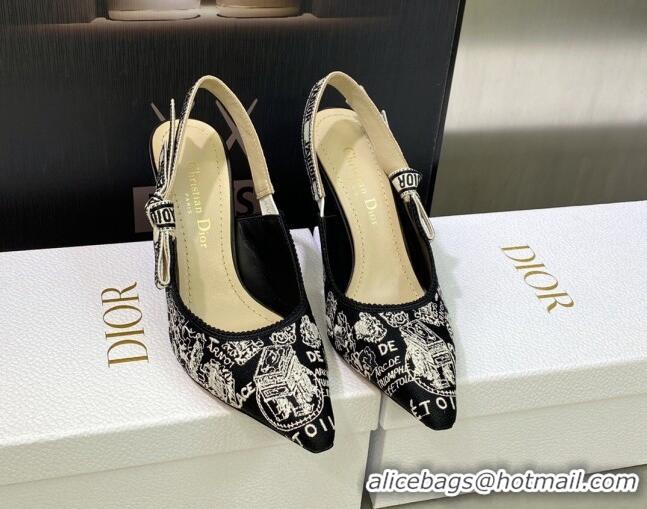 Luxury Dior J'Adior Slingback Pumps 9.5cm in Black and White Cotton Embroidered with Plan de Paris Motif 605031