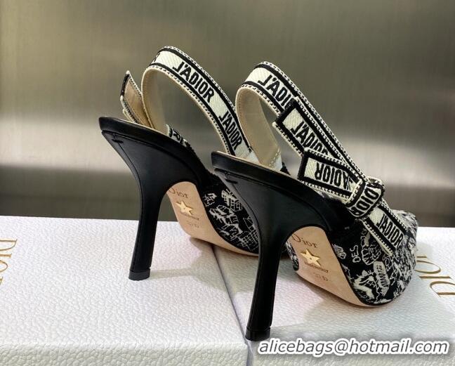 Luxury Dior J'Adior Slingback Pumps 9.5cm in Black and White Cotton Embroidered with Plan de Paris Motif 605031