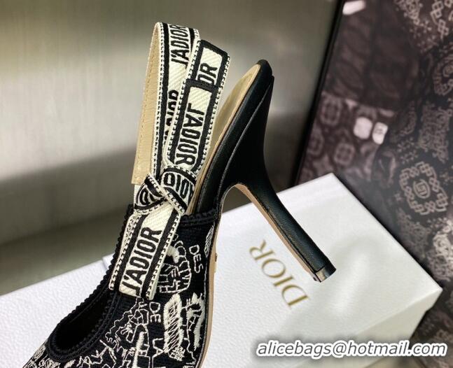 Luxury Dior J'Adior Slingback Pumps 9.5cm in Black and White Cotton Embroidered with Plan de Paris Motif 605031