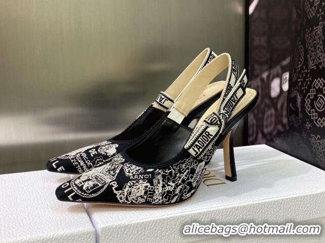 Luxury Dior J'Adior Slingback Pumps 9.5cm in Black and White Cotton Embroidered with Plan de Paris Motif 605031