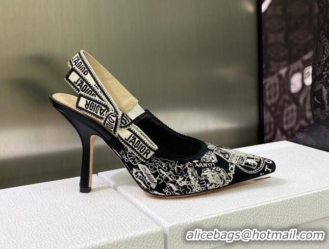 Luxury Dior J'Adior Slingback Pumps 9.5cm in Black and White Cotton Embroidered with Plan de Paris Motif 605031