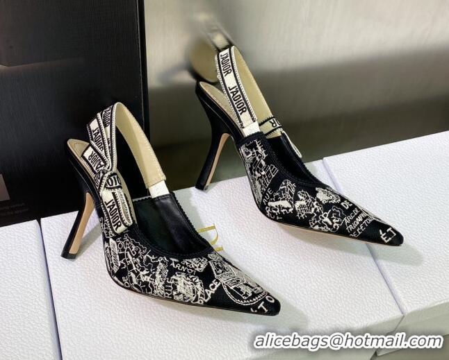 Luxury Dior J'Adior Slingback Pumps 9.5cm in Black and White Cotton Embroidered with Plan de Paris Motif 605031