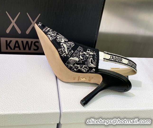 Luxury Dior J'Adior Slingback Pumps 9.5cm in Black and White Cotton Embroidered with Plan de Paris Motif 605031