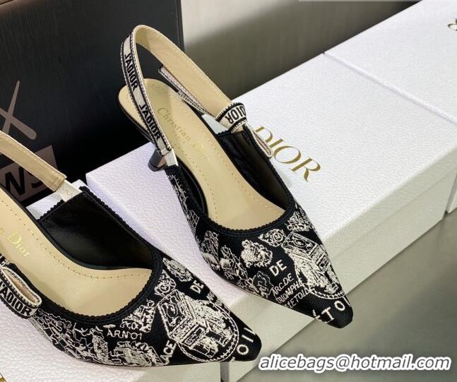 Sumptuous Dior J'Adior Slingback Pumps 6.5cm in Black and White Cotton Embroidered with Plan de Paris Motif 605032