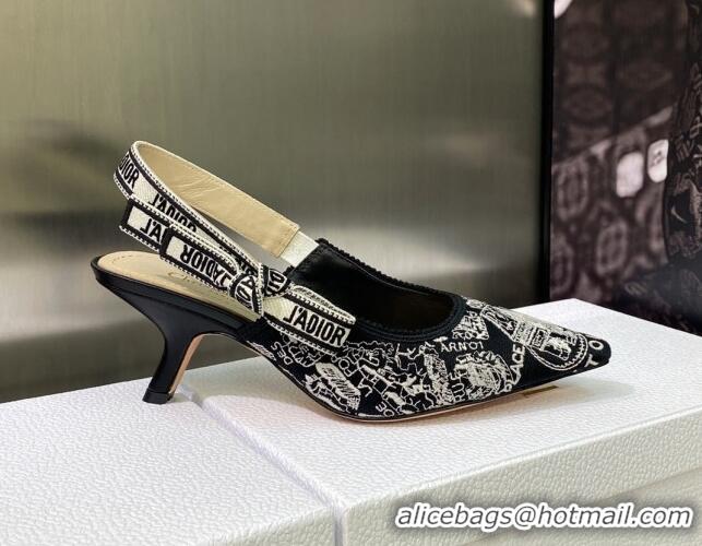 Sumptuous Dior J'Adior Slingback Pumps 6.5cm in Black and White Cotton Embroidered with Plan de Paris Motif 605032