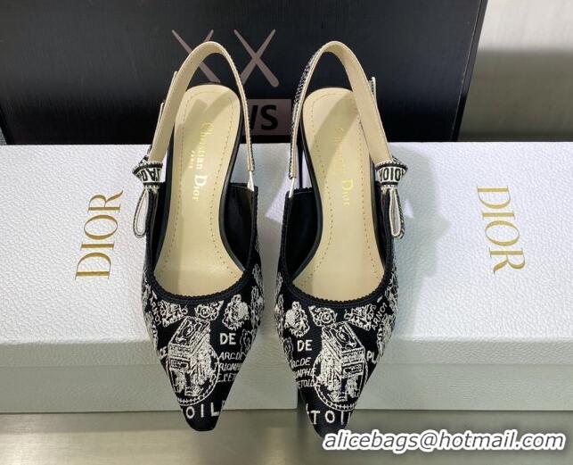 Sumptuous Dior J'Adior Slingback Pumps 6.5cm in Black and White Cotton Embroidered with Plan de Paris Motif 605032