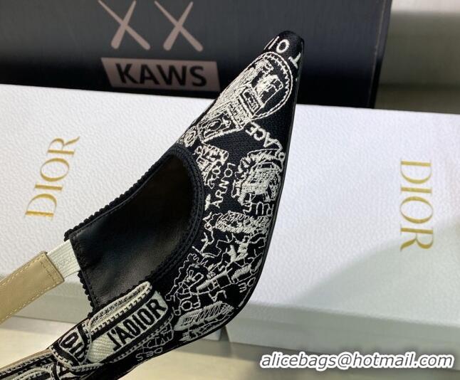 Sumptuous Dior J'Adior Slingback Pumps 6.5cm in Black and White Cotton Embroidered with Plan de Paris Motif 605032