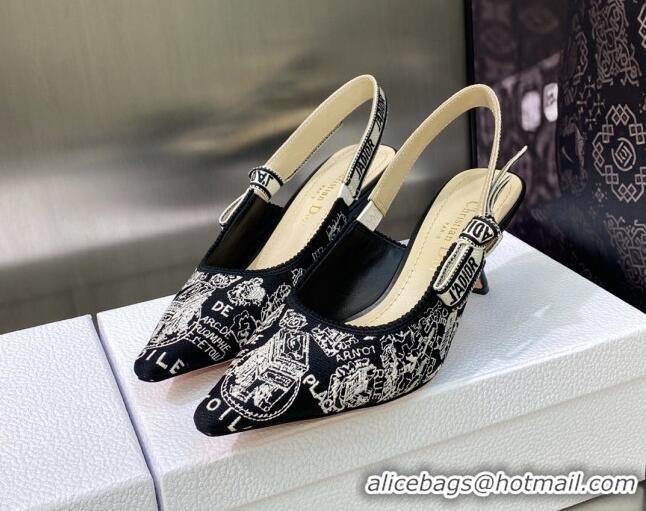 Sumptuous Dior J'Adior Slingback Pumps 6.5cm in Black and White Cotton Embroidered with Plan de Paris Motif 605032