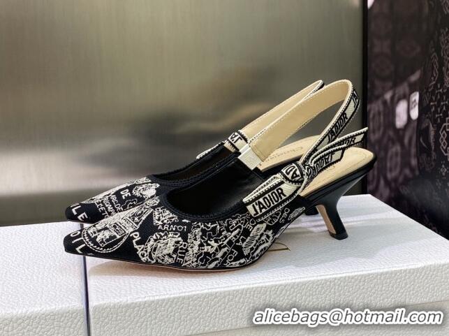 Sumptuous Dior J'Adior Slingback Pumps 6.5cm in Black and White Cotton Embroidered with Plan de Paris Motif 605032