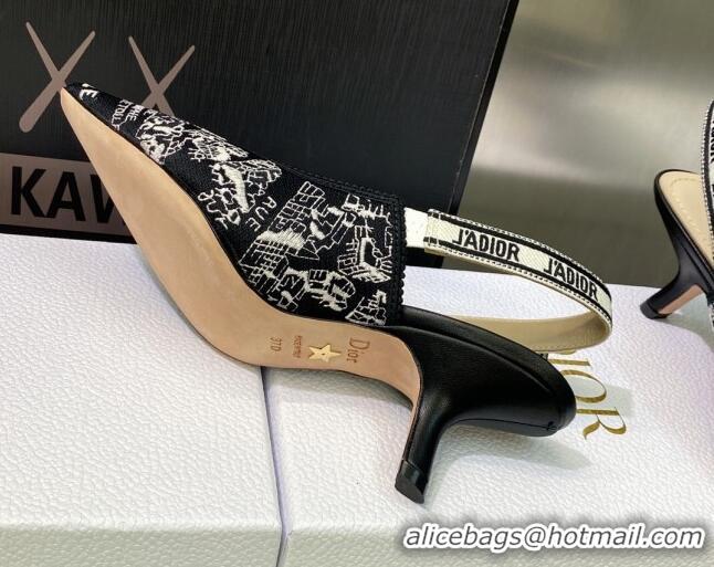 Sumptuous Dior J'Adior Slingback Pumps 6.5cm in Black and White Cotton Embroidered with Plan de Paris Motif 605032