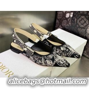 Pretty Style Dior J'Adior Slingback Ballerina Flat in Black and White Cotton Embroidered with Plan de Paris Motif 605033