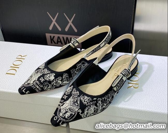 Pretty Style Dior J'Adior Slingback Ballerina Flat in Black and White Cotton Embroidered with Plan de Paris Motif 605033