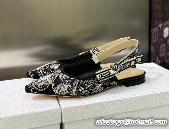 Pretty Style Dior J'Adior Slingback Ballerina Flat in Black and White Cotton Embroidered with Plan de Paris Motif 605033