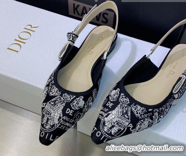 Pretty Style Dior J'Adior Slingback Ballerina Flat in Black and White Cotton Embroidered with Plan de Paris Motif 605033