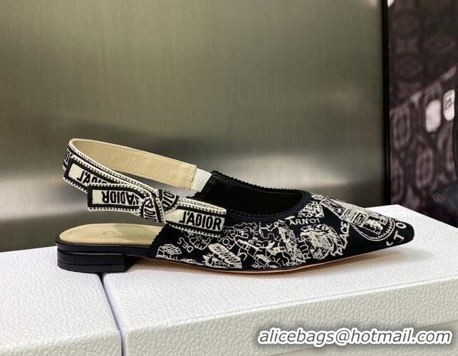 Pretty Style Dior J'Adior Slingback Ballerina Flat in Black and White Cotton Embroidered with Plan de Paris Motif 605033