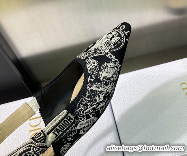 Pretty Style Dior J'Adior Slingback Ballerina Flat in Black and White Cotton Embroidered with Plan de Paris Motif 605033