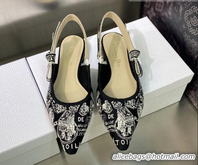 Pretty Style Dior J'Adior Slingback Ballerina Flat in Black and White Cotton Embroidered with Plan de Paris Motif 605033