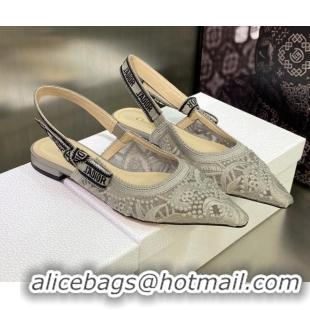 Top Grade Dior J'Adior Slingback Ballerina Flat in Grey Macrame Embroidered Cotton 605035