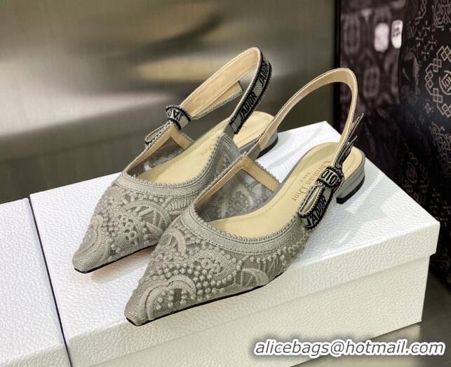 Top Grade Dior J'Adior Slingback Ballerina Flat in Grey Macrame Embroidered Cotton 605035