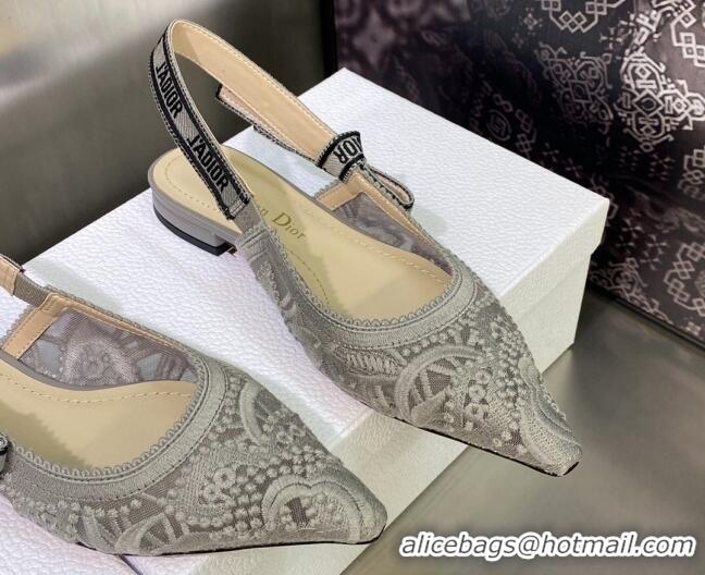 Top Grade Dior J'Adior Slingback Ballerina Flat in Grey Macrame Embroidered Cotton 605035