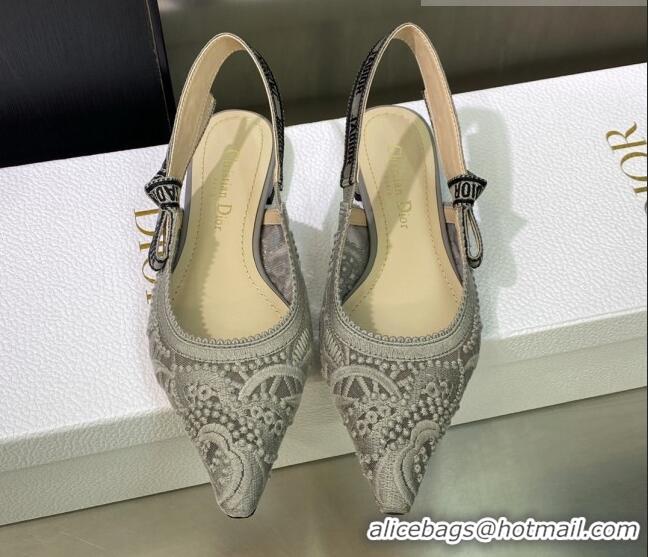 Top Grade Dior J'Adior Slingback Ballerina Flat in Grey Macrame Embroidered Cotton 605035