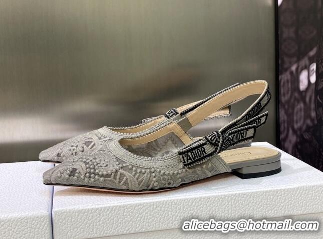 Top Grade Dior J'Adior Slingback Ballerina Flat in Grey Macrame Embroidered Cotton 605035