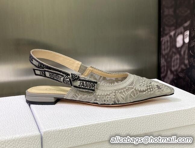 Top Grade Dior J'Adior Slingback Ballerina Flat in Grey Macrame Embroidered Cotton 605035