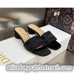 Grade Quality Dior Dway Heel Slides Sandals 3.5cm in Black Embroidered Satin and Cotton 605036