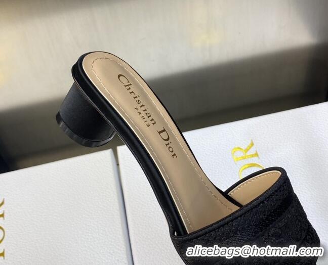 Grade Quality Dior Dway Heel Slides Sandals 3.5cm in Black Embroidered Satin and Cotton 605036