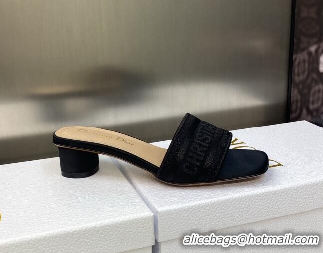 Grade Quality Dior Dway Heel Slides Sandals 3.5cm in Black Embroidered Satin and Cotton 605036