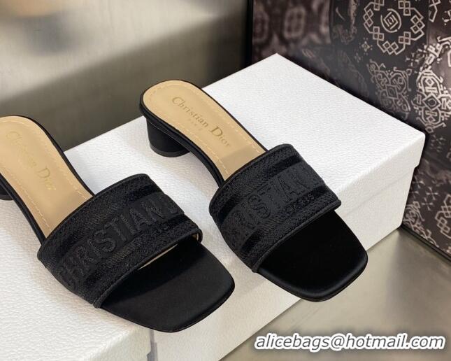 Grade Quality Dior Dway Heel Slides Sandals 3.5cm in Black Embroidered Satin and Cotton 605036