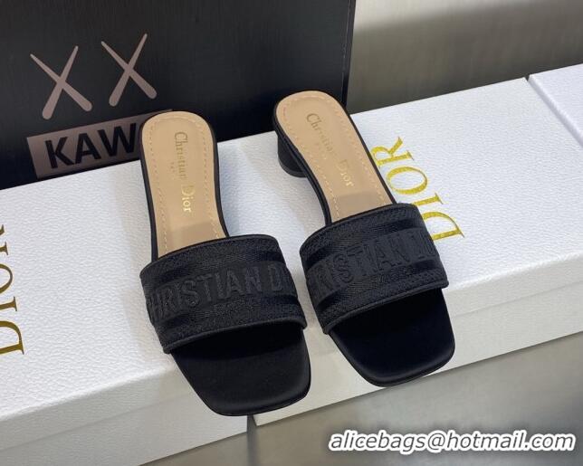 Grade Quality Dior Dway Heel Slides Sandals 3.5cm in Black Embroidered Satin and Cotton 605036