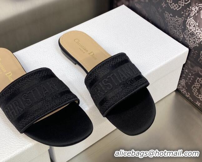 Good Looking Dior Dway Flat Slides Sandals 4.5cm in Black Embroidered Satin and Cotton 605037