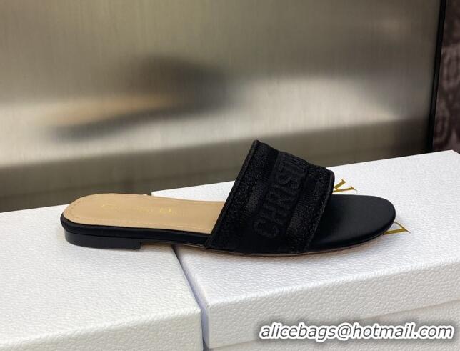 Good Looking Dior Dway Flat Slides Sandals 4.5cm in Black Embroidered Satin and Cotton 605037