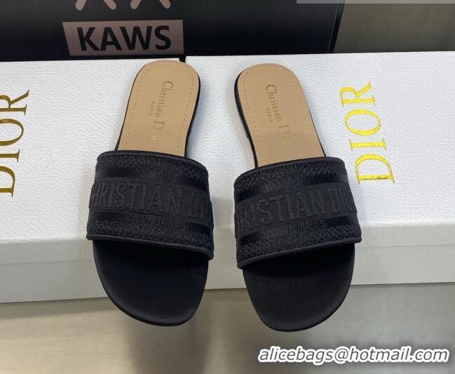 Good Looking Dior Dway Flat Slides Sandals 4.5cm in Black Embroidered Satin and Cotton 605037